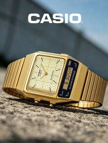 復古金色方形 Casio AQ-800EG-9A 中性款指針數位雙顯防水不鏽鋼手錶 - 金色 - 查看 2