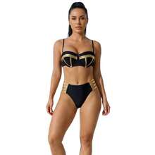 Traje de baño de dos piezas para mujer, bikini sexy con decoración de lámina dorada, push-up, traje de baño sexy para mujer, estilo "pure desire hot girl". - Negro - Ver 3