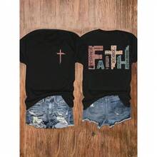 Camiseta Gráfica de Fe Cristiana para Mujer, de Algodón Suave, Manga Corta, Cuello Redondo, con Estampado de Cruz en la Parte Delantera y Versículo Bíblico en la Parte Trasera, Casual, para Verano, Iglesia, Regalo de Adoración - Negro - Ver 5