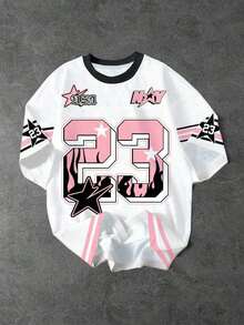 Women's Loose-Fitting T-Shirt With A Minimalist And Casual Number 23 Print - 粉色 - 查看 3