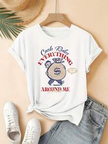 Camiseta de mujer, nuevo modelo de verano 2026, con el estampado "El dinero lo decide todo", hermosa, elegante, a la moda, informal, ropa de estilo coreano para primavera y verano. - Blanco - Ver 1