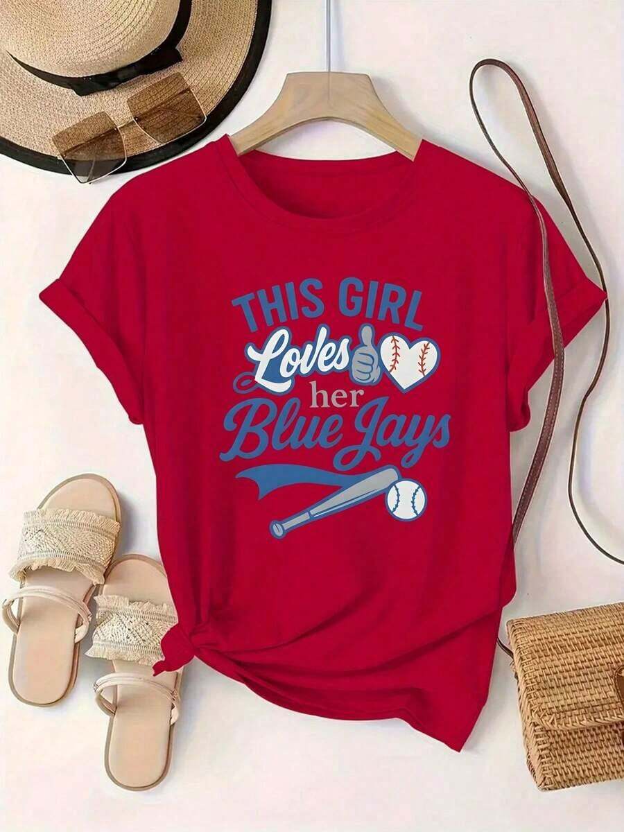 Women's Casual Short-Sleeved T-Shirt, Ideal For Summer Vacation, Featuring A Print Of The Words "THIS GIRL Loves Her Blue Jays", Baseball Design And Letter Print With Heart-Shaped Baseball Graphic, Round Neck. - 紅色 - 查看 1