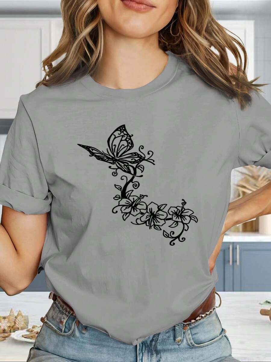 Camiseta cómoda y elegante para mujer "Camiseta de mujer estilo Y2K con estampado de mariposas y logotipo geométrico - Camiseta de manga corta de corte ajustado, combinación de colores negro y dorado, camisa casual de verano, tela elástica lavable a máquina (antiarrugas), adecuada para uso casual y para combinar con otras prendas. " UUVZ - gris - Ver 1