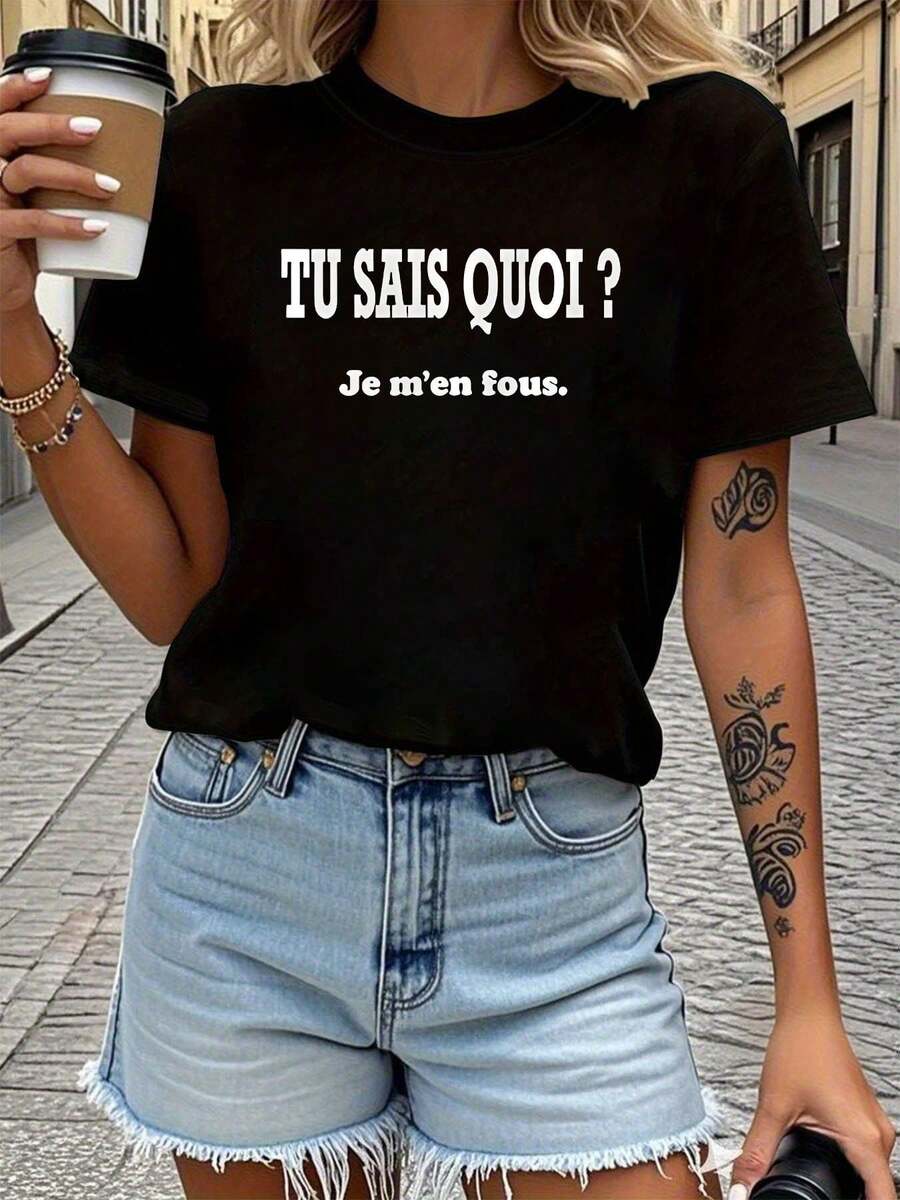 Women's Casual Summer T-Shirt, French Style TU SAIS QUOI? I Don't Care. Short-Sleeved T-Shirt For Women With A Round Neck And Text Print For Spring/Summer. - 黑色 - 查看 1