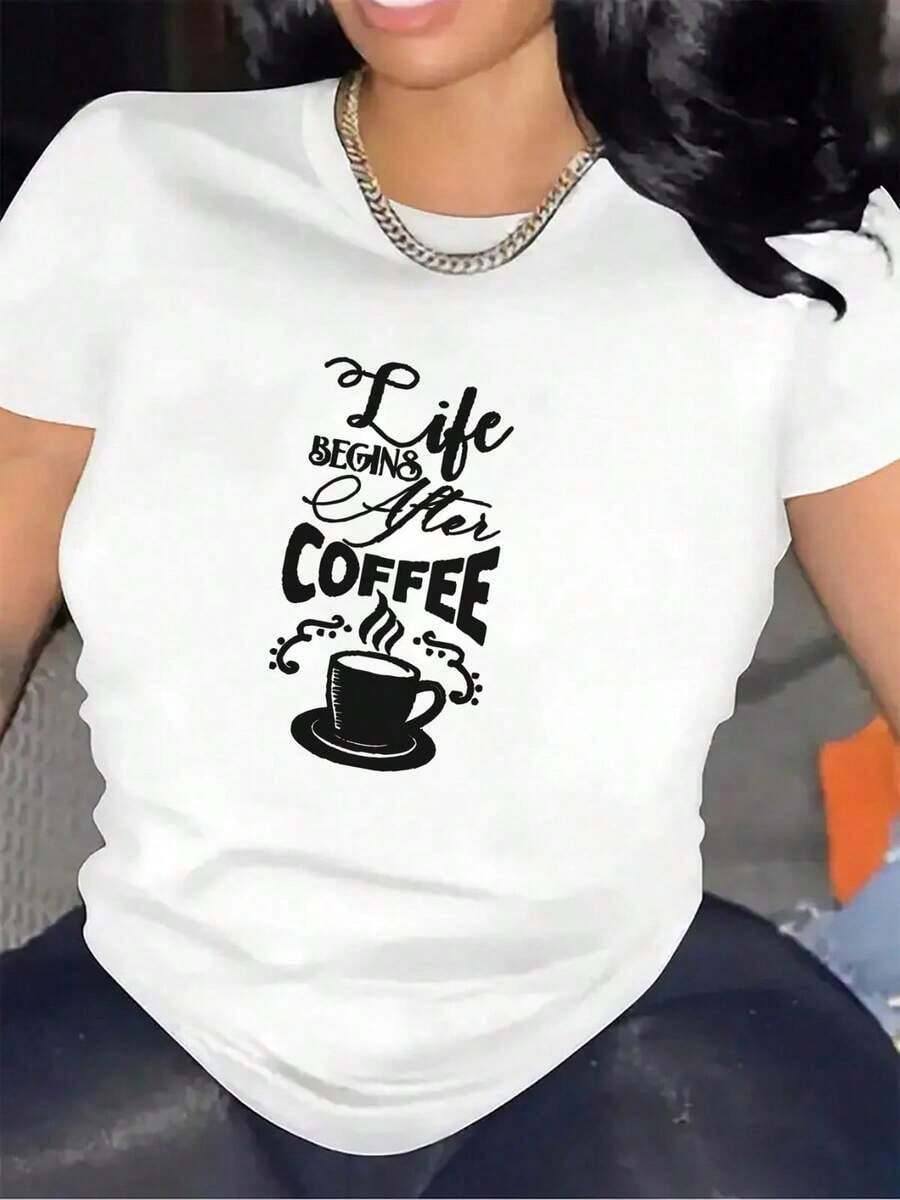 Camiseta De Manga Corta Para Mujer Con Diseño De Amante Del Café Y La Frase 'Life Begins After Coffee' En Blanco, Fabricada Con Material Ligero, Ideal Para Outfits Relajados En Casa, Cafeterías O En El Trabajo, Top Resistente Y Cómodo Para El Día A DíaWomen's Casual Short Sleeve T-Shirt Solid Color Basic Tee Top Blusas Para Mujer Camisa - Blanco - Ver 1