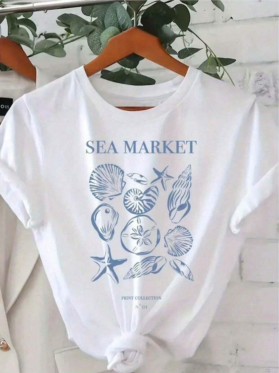 Camiseta Vintage Blanca para Mujer con Estampado Náutico de Mercado Marino con Conchas, Estrellas de Mar y Caballitos de Mar - Top Casual de Manga Corta para Playa, Conjuntos de Verano en Azul Turquesa y Blanco, Diseño Lavable de Vida Marina - Camiseta Unisex de Algodón de Manga Corta y Cuello Redondo Estilo Vintage Urbano - Blanco - Ver 1