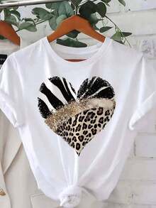 Plus Size Women's T-Shirt - Zebra & Leopard Animal Print Heart Design, Casual Round Neck Short Sleeve Top, Machine Washable All-Season Comfort Fit, Ladies T Shirts,  Sweatshirt, Soft Fabricplayeras de mujer - Blanco - Ver 12