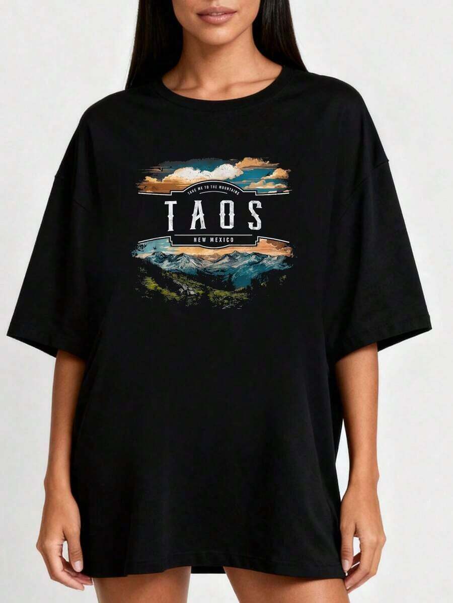 Camiseta vintage de senderismo al aire libre de las Montañas Taos, Nuevaéxico, camiseta de cuello redondo deportiva de verano para mujeresConjuntos de Vacaciones de Verano 2026 - Negro - Ver 1