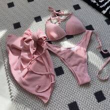 Nuevo traje de baño de tres piezas de tela especial, de cintura alta, sexy y atractivo para chicas. - rosa - Ver 5