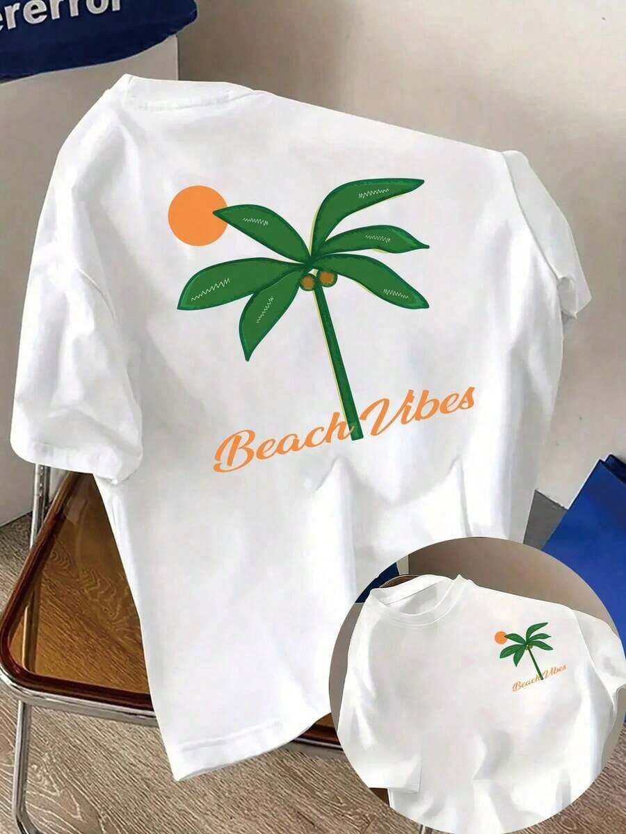 Camiseta de talla grande para mujer, manga corta, color sólido, estilo casual, para primavera/verano, de poliéster, con estampado frontal y trasero - Estampado de palmeras y vibraciones playeras - Camiseta estampada para mujer, primavera/verano, artículo de moda, transpirable y cómoda. - Blanco - Ver 1