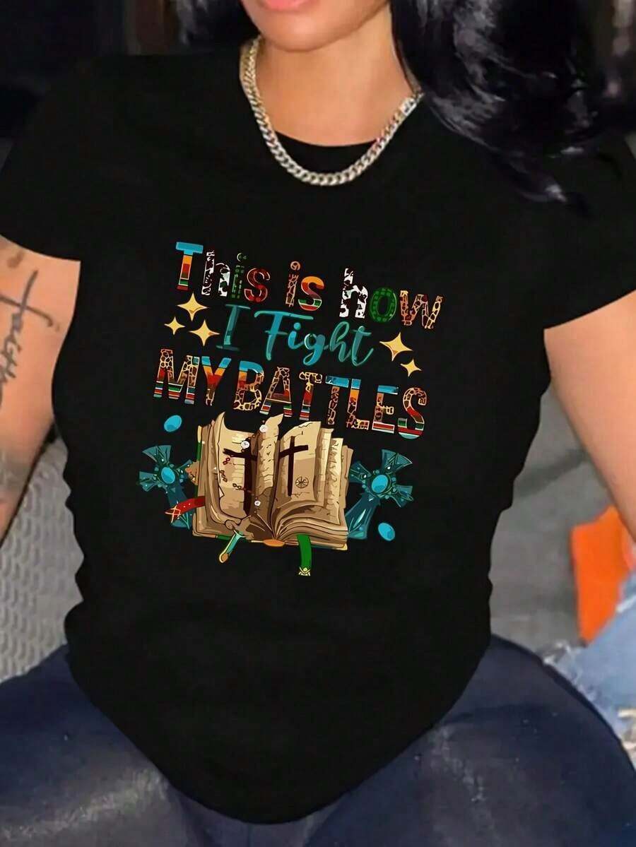 Camiseta Holgada Sencilla Mujer Estilo Moderno battles Camiseta de Cuello Redondo con Estampado de Letras Inglesas Coloridas para Mujer, Moda Casual de Primavera/Verano, Ropa de Mujer Camiseta Mujer Estampado Gráfico Verano 2026 - Negro - Ver 1