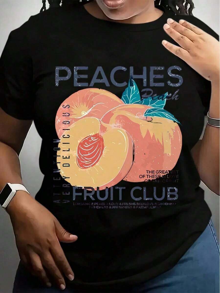 Casual T-shirtWomen's T-Shirts Peaches Fruit Club Organic Pattern Print 100%, Breathable100% CottonDurable - Negro - Ver 1