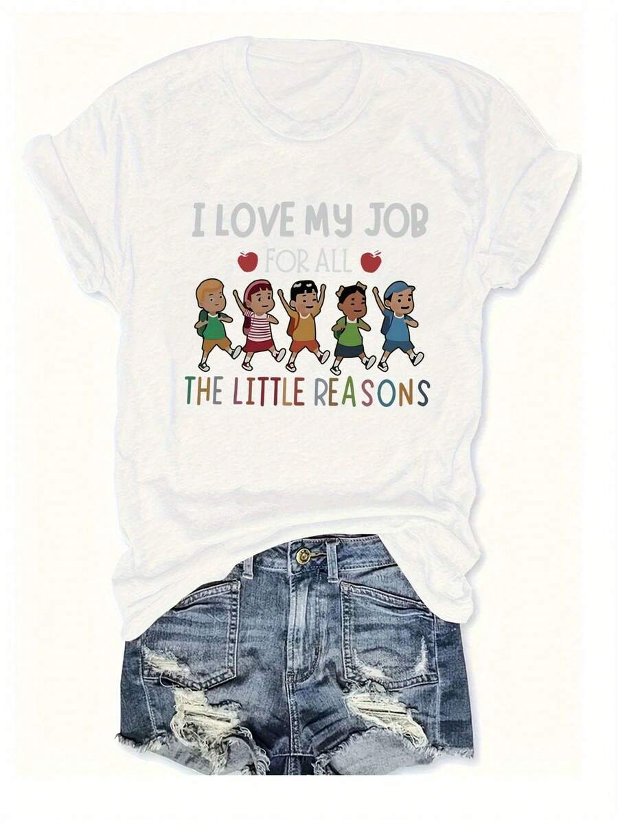 Plus Size - Plus Size Women'S Casual Crew Neck T-Shirt - "I Love My Job" Graphic Tee with Colorful Cartoon Characters, Short Sleeve, Lightweight & Breathable Fabric for Spring & Summer, Casual Wear | Playful Graphic Tee | Comfortable Fit - Blanco - Ver 1