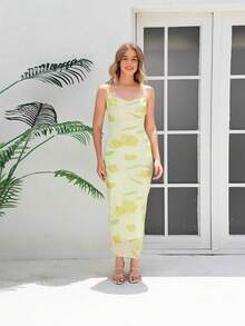 Nuevo Vestido Largo Tirantes Malla Estampada Escote Barco Estilo Chic Sensual - amarillo ganso - Ver 3