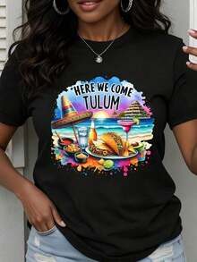 Camiseta de Cuello Redondo para Mujer 2026 con Estampado de Escena de Playa de Tulum, Sombrero de Vaquero y Cóctel, Manga Corta para Vacaciones, Viajes y Salidas de Verano, Ropa Fresca de Verano para Mujer - Negro - Ver 6