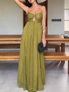 Vestido largo de gasa sin mangas, sexy y acampanado con detalle de varillas, perfecto para un elegante día de verano o un evento formal. - Verde militar - Ver 4