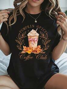 Elegante y casual para mujer, manga corta, camiseta Pumpkin Spice Coffee Club, estampado de bebidas y hojas de otoño, ropa casual blanca para mujer, otoño invierno. - Negro - Ver 8