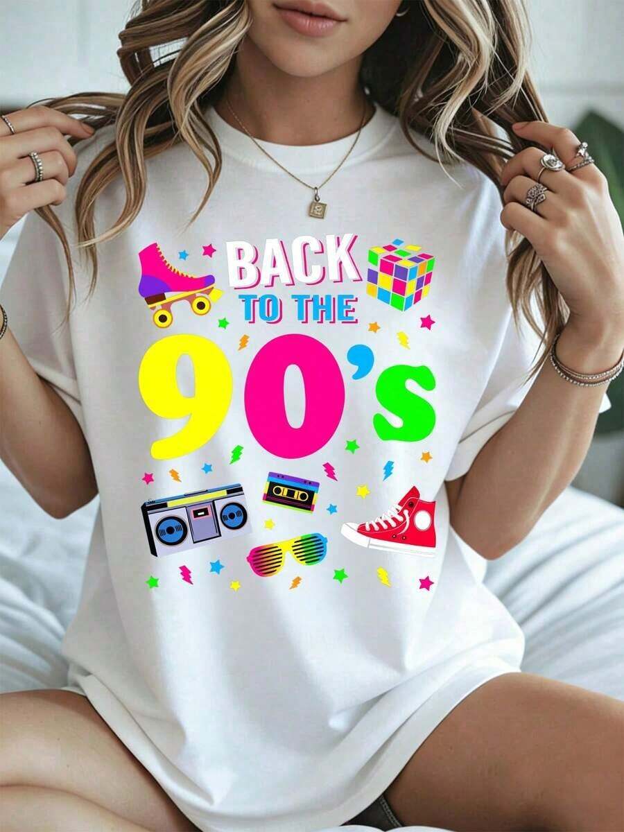 Elegante y casual camiseta de manga corta para mujer, estilo retro de los 90, con estampado de patines, cubo de Rubik, boombox y zapatillas, ropa casual blanca para festivales y eventos de disfraces en verano y primavera. - Blanco - Ver 1