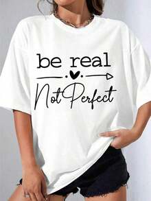 Black And White T-Shirt For Girls, "Be Real Not Perfect" Graphic Print T-Shirt With Heart And Arrow Design For Casual Wear, Outdoor Party, 180g Casual Printed T-Shirt - 白色 - 查看 7