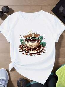 Camiseta deportiva de manga corta de talla grande con estilo retro para mujer, color café - Blanco - Ver 6