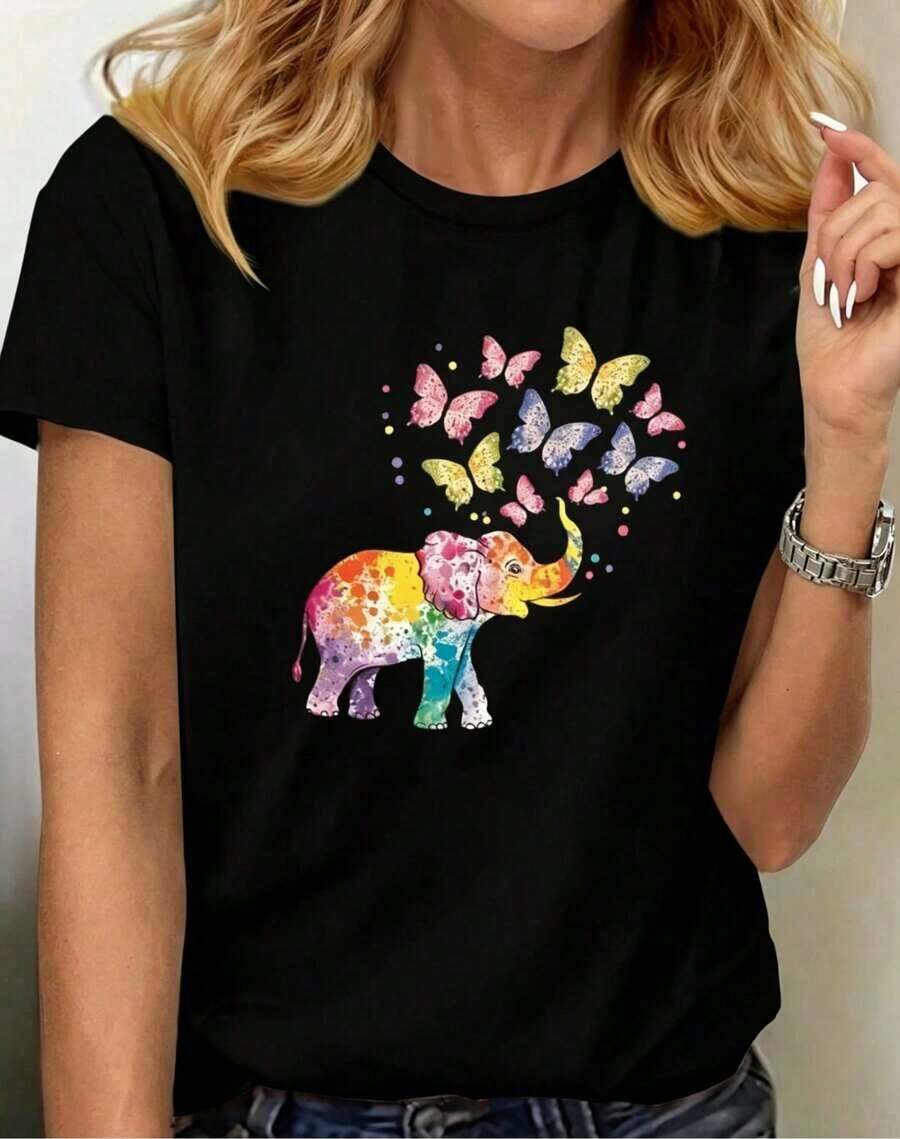NewSummerCasual Women's Casual T-Shirt With Colorful Elephant And Butterfly Print, Graphic Tees, Tops For Women - Vintage Street Style Unisex Loose Cotton Short Sleeve Crew Neck T-Shirt - 黑色 - 查看 1