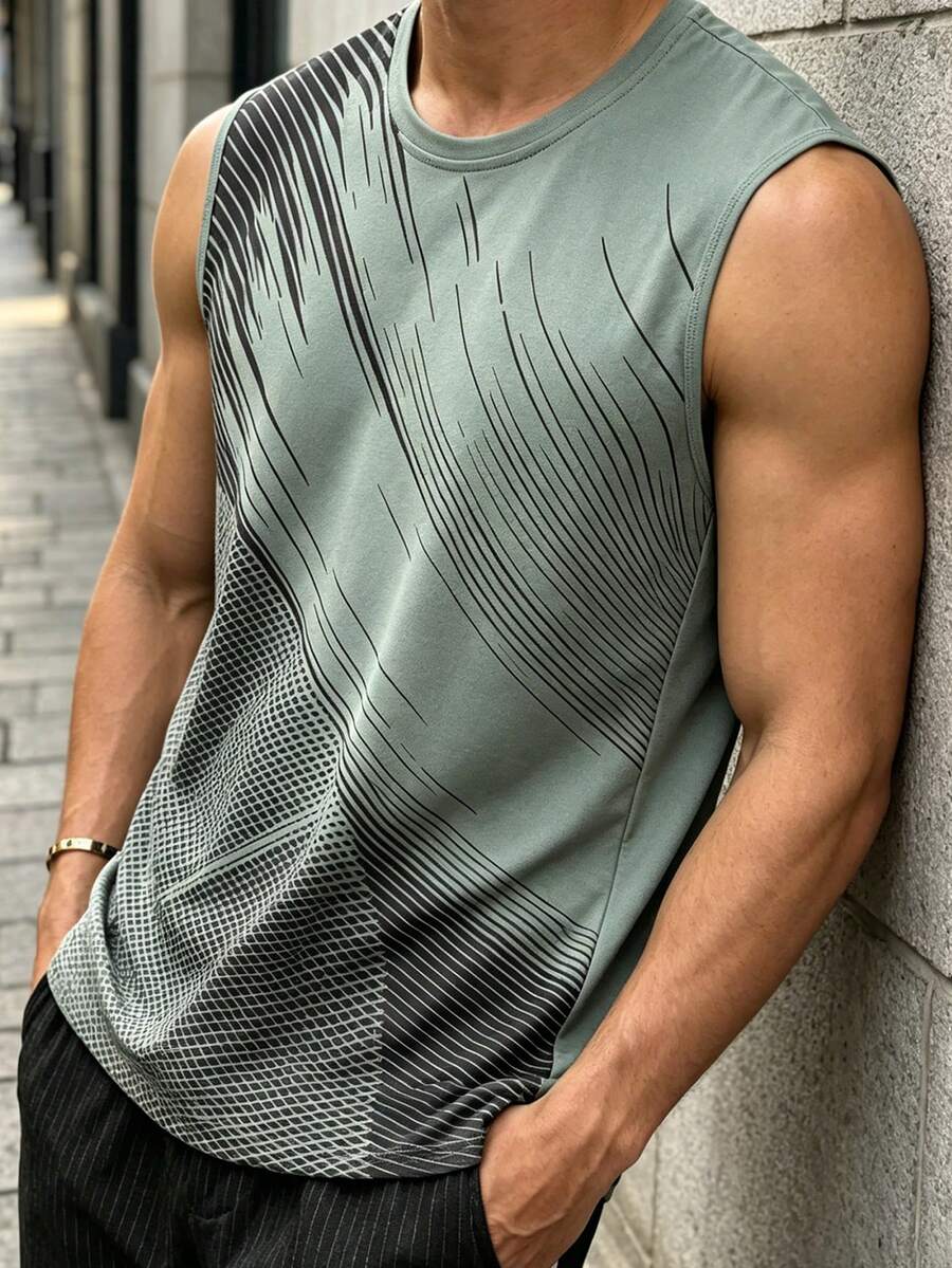 Men's Sleeveless Sports Tank Top, Round Neck, Suitable For Fitness, Running In Summer - Green - View 1