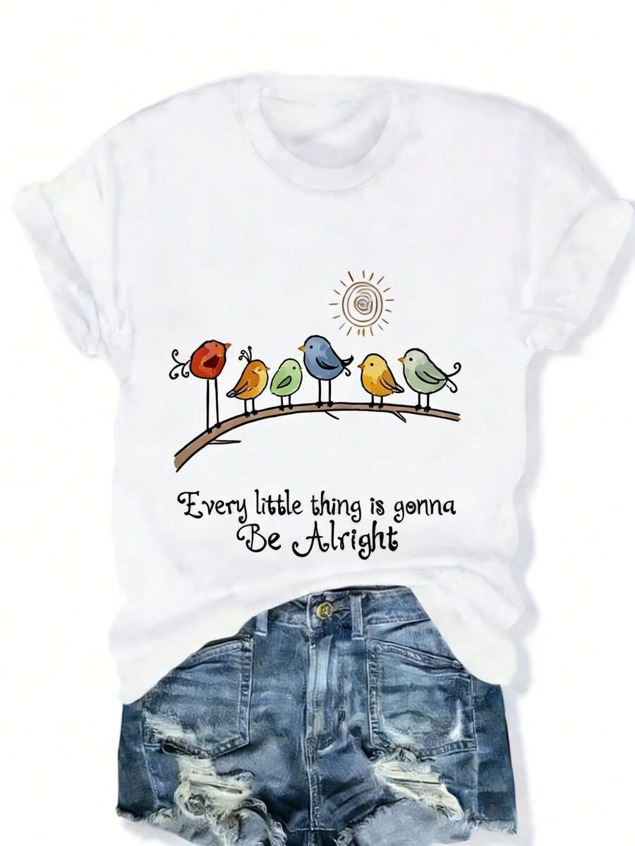 Camiseta de mujer con estampado de pájaros y el eslogan "Todo saldrá bien", perfecta para uso casual, atuendos diarios y ocio con estilo. Es un regalo ideal para una novia o madre, adecuada para todas las ocasiones. - Blanco - Ver 1