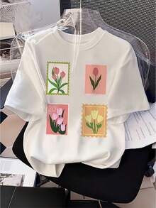 Camiseta de mujer de algodón puro, estilo Y2K, personalizada y a la moda, de corte holgado y manga corta, elegante estilo urbano americano, cuello redondo cómodo, casual y transpirable para uso diario, estilo dulce y moderno, estampado creativo de tulipanes en cuadrícula de cuatro cuadrados, ropa de verano, regalo para deportes al aire libre. - Blanco - Ver 8