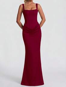 Đầm ôm sát gợi cảm dây mảnh dành cho nữ, đầm dài xếp ly mùa hè, đầm cocktail dự tiệc sinh nhật thanh lịch với dây buộc sau lưng bằng ren. - Màu Đỏ Sâu - Xem 5