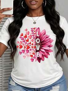 Camiseta de manga corta para mujer con diseño de corazón y flores, camiseta gráfica para mujer, top casual de manga corta, camisa blanca de moda de verano con diseño de margaritas rosas y corazones. - Blanco - Ver 1