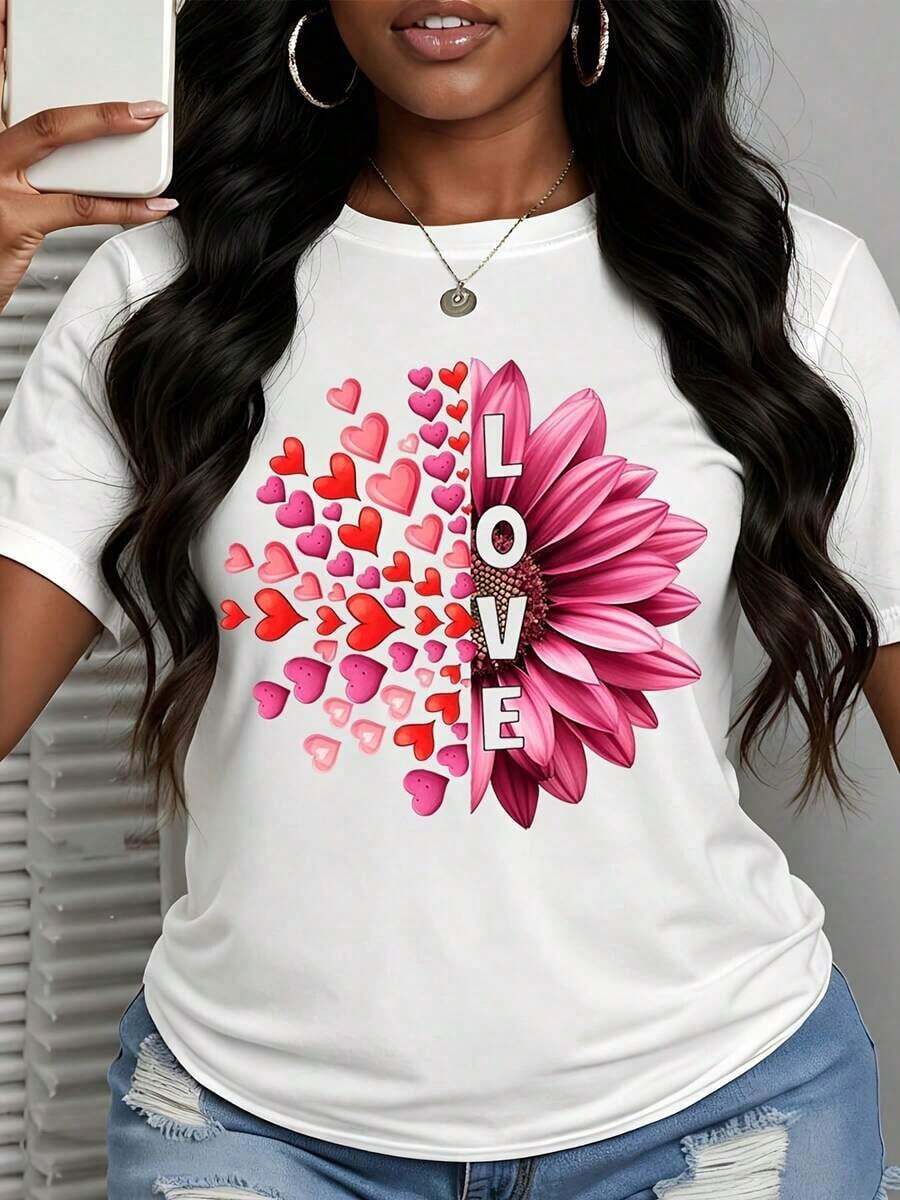 Camiseta de manga corta para mujer con diseño de corazón y flores, camiseta gráfica para mujer, top casual de manga corta, camisa blanca de moda de verano con diseño de margaritas rosas y corazones. - Blanco - Ver 1