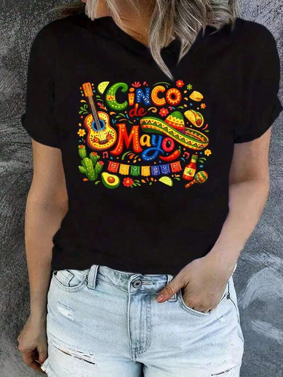 Ropa Curvy En Oferta Y Una Camiseta De Manga Corta Para Mujer, CláSica, Moderna Y A La Moda, De Corte Holgado, Adecuada Para Actividades Al Aire Libre En Verano, Perfecta Para Una Alegre Fiesta Del Cinco De Mayo.Camiseta De Mujer, Camiseta Estampada De Manga Corta Para El Verano De 2026, Tela Suave, Estilo Vintage, Cuello Redondo, Top Para Mujer, Tela Ligeramente EláStica, Corte Regular, Adecuada Para Adultos.Blusas Para Mujer,Blusas Casuales Para Dama,Tops,, Mujer Premium,Y2K,Playeras De Mujer Curvy,Ofertas Y Liquidaciones Ropa Mujer,Playeras Deportivas Para Mujer,,Playeras De Hombre, Mujer,Blusas>Elegante 6BCWCamisetas Para Mujer Y2K - Negro - Ver 1