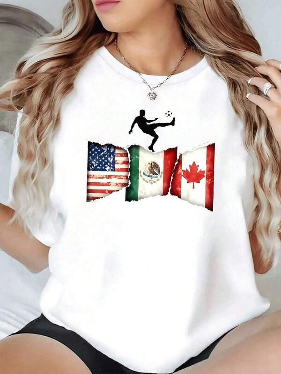 Tres banderas unidas que simbolizan la amistad y colaboración entre Estados Unidos México y Canadá mostrando respeto orgullo y unión cultural camiseta de mujer casual moderna cómoda para uso diario - Negro - Ver 1