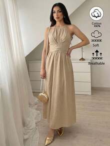 Vestido elegante de mujer con cuello halter, corte en la cintura, twist y bloque de color asimétrico, para primavera/verano - Caqui 3 - Ver 4