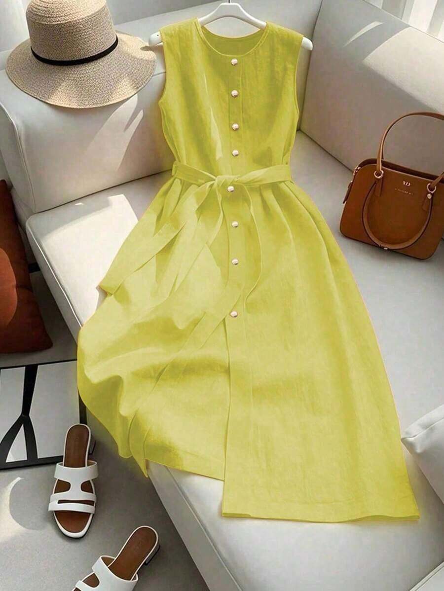Vestido estilo francés de media pierna sin mangas de alta gama color naranja para mujer - Amarillo - Ver 1