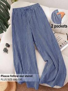 CosyJoli Pantalones anchos de uso diario con bolsillos y cordón en la cintura para mujeres de talla grande con diseño de rayas - Multicolor 3 - Ver 1
