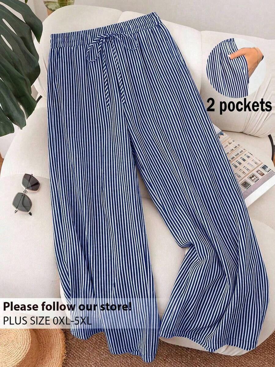 CosyJoli Pantalones anchos de uso diario con bolsillos y cordón en la cintura para mujeres de talla grande con diseño de rayas - Multicolor 3 - Ver 1