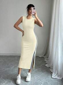 Vestido largo con abertura lateral decorativa de cinta bicolor negro y blanco de cuello redondo para mujeres - Amarillo claro - Ver 4