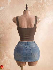 Top Cami Ajustado de Pliegues unicolor y Corto para el Verano - Café integral 2 - Ver 3