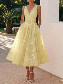 1Fashionable Multi-Color Sleeveless Dress, Embroidered V-Neck, Cinched Waist, Lace Up, Mid Length Banquet Dress For Women - Màu vàng - Xem 8