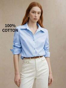 de mujer de manga larga con cuello vuelto, estilo urbano básico para ir al trabajo, conjunto de negocios casual elegante y minimalista, adecuado para maestras y oficina, otoño - Azul - Ver 2