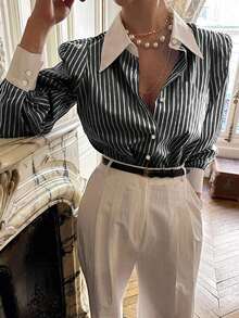 Camisa con botones con estampado de rayas, Top de manga larga - Negro - Ver 5