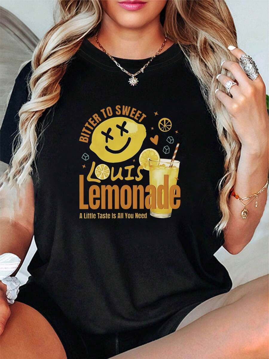 100% algodón. De amargado a dulce. Louis Lemonade. Solo necesitas darle un mordisco. Camiseta de manga corta para mujer, con estampado de texto, cuello redondo, para primavera-verano. Camiseta sencilla de color sólido para mujer, corte holgado y ajustado, estilo casual.