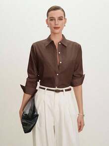 2026 Nueva Camisa Básica Versátil y Elegante para Mujer con Botones Delanteros y Cuello Mao en Color Azul Claro, Adecuada para Ir al Trabajo, Uso Diario, Estilo Retro de los 90, Navidad, Año Nuevo, Fiesta de San Valentín, Playa, Graduación, Moda, - Marrón 2 - Ver 2