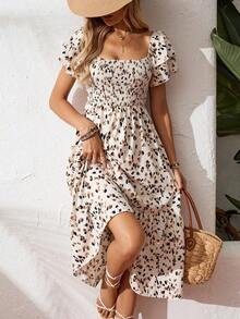 Vestido largo de verano con estampado total, cuello halter, volantes, ideal para vacaciones y playa para mujeres - Albaricoque - Ver 1
