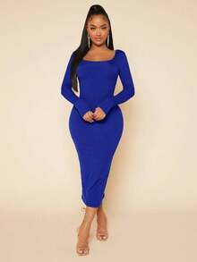 Vestido ajustado unicolor de cuello scoop - azul real - Ver 4