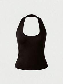 Camiseta sin espalda ajustada de color amarizo sólido con tirantes finos, blusa casual para mujer, adecuada para la playa, el hogar y el uso diario en verano - Marrón - Ver 6