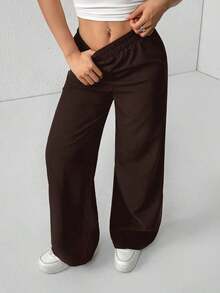 Pantalones de pierna de campana con cintura alta, elásticos y acanalados para mujeres - Marrón - Ver 6