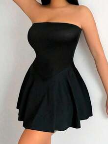 Vestido mini sin tirantes con dobladillo de volantes para mujer - Negro - Ver 8