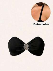 Traje de baño de una pieza elegante de talla grande con 3 piezas, decorado con hebilla de metal marrón, se puede usar por separado con atuendos, adecuado para fiestas y vacaciones - Negro - Ver 3
